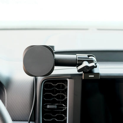 Image of Offroam MagSafe-compatible Phone Mount installed securely in Ford Ranger 2024-2025. This premium phone mount installs easily without drilling or glue. High force magnets hold phone on any trail, road, or track. Perfect placement without blocking screens, driver view, or air flow. Fully adjustable positioning.