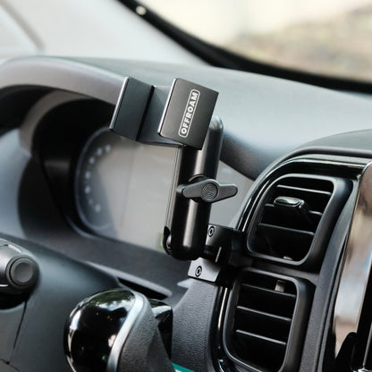 Image of Offroam Phone Mount installed securely in RAM ProMaster 2022-2026. This premium phone mount installs easily without drilling or glue. Spring loaded Universal holder for use with any phone. Perfect placement without blocking screens, driver view, or air flow. Fully adjustable positioning.