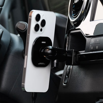 Image of Offroam MagSafe-compatible Phone Mount installed securely in Mercedes-Benz Sprinter 2019-2025. This premium phone mount installs easily without drilling or glue. High force magnets hold phone on any trail, road, or track. Perfect placement without blocking screens, driver view, or air flow. Fully adjustable positioning.
