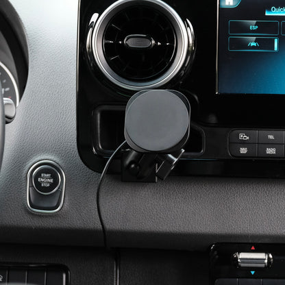 Image of Offroam MagSafe-compatible Phone Mount installed securely in Mercedes-Benz Sprinter 2019-2025. This premium phone mount installs easily without drilling or glue. High force magnets hold phone on any trail, road, or track. Perfect placement without blocking screens, driver view, or air flow. Fully adjustable positioning.