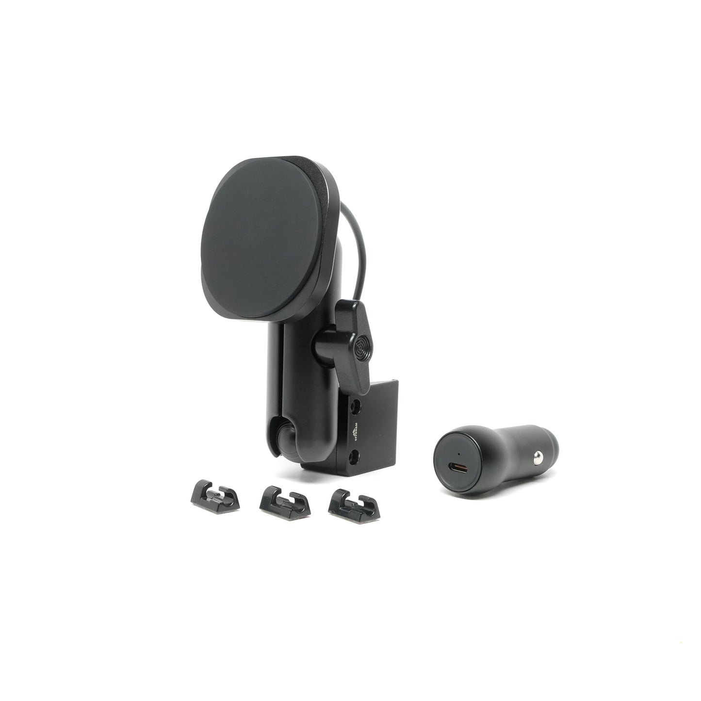 Offroam Qi2 Charging phone mount kit featuring a mounting base for Ford Ranger 2019-2023, a coupling arm and a Qi2 magsafe-compatible charging holder shown on white background