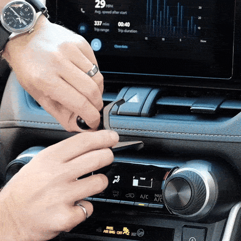 Video of Offroam Phone Mount installation for Toyota RAV4 2019-2025. This premium phone mount installs easily without drilling or glue. Spring loaded Universal holder for use with any phone. Perfect placement without blocking screens, driver view, or air flow. Fully adjustable positioning.