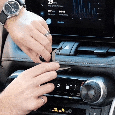 Video of Offroam MagSafe-compatible Phone Mount installation for Toyota RAV4 2019-2025. This premium phone mount installs easily without drilling or glue. High force magnets hold phone on any trail, road, or track. Perfect placement without blocking screens, driver view, or air flow. Fully adjustable positioning.