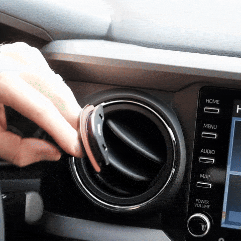 A animation showing an easy  installation of Offroam phone mount in 2016-2023 Toyota Tacoma or Toyota Tundra 2014-2021 with round air vents featuring a Qi2 wireless charging holder, that holds the phone securely in portrait and landscape modes without blocking air flow.