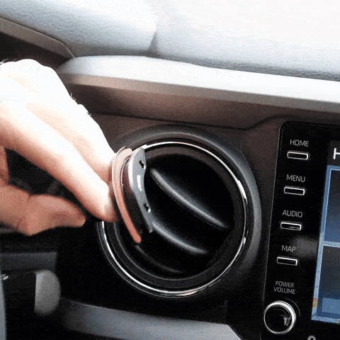 Animation showing simple installation of Offroam mounting base in Toyota Tacoma 2016-2023 or 2014-2021 Toyota Tundra with round air vents. Attaches securely to air vent bezel, installs in minutes without modifications and holds any phone securely on any terrain.