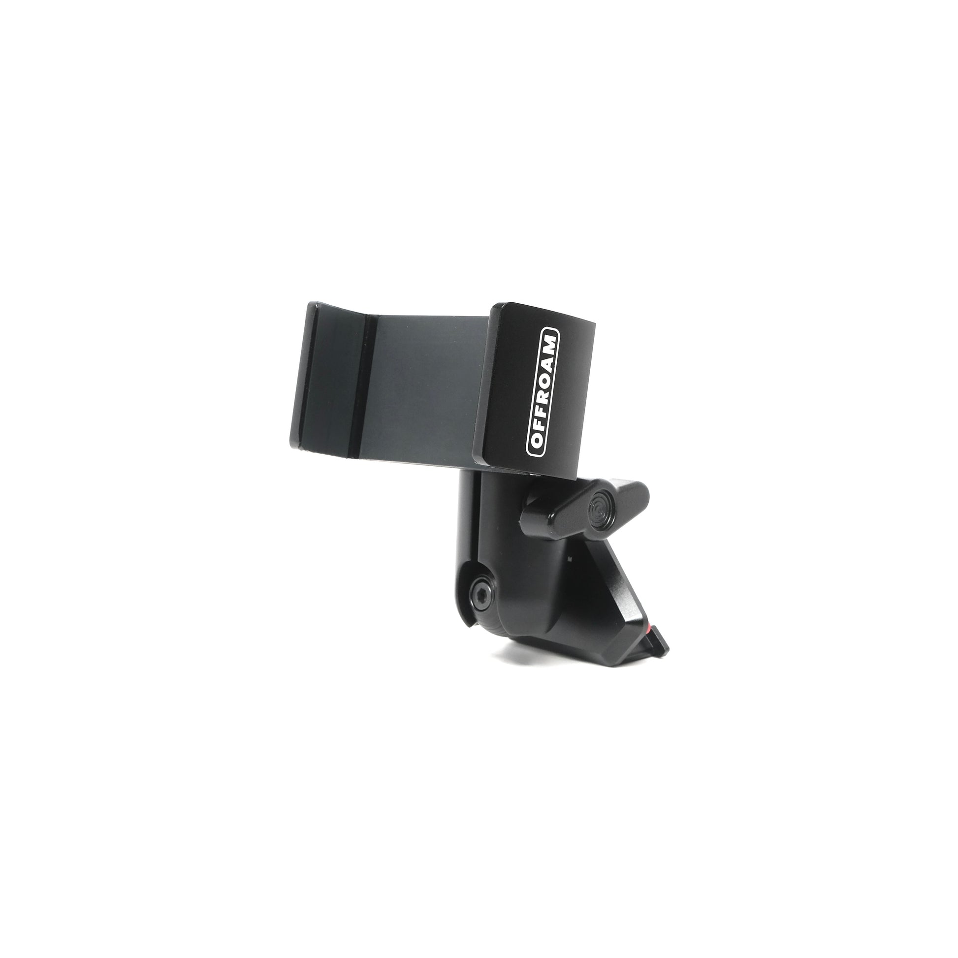 Offroam phone mount for Toyota Tacoma 2005-2011 consisting of vehicle mounting base with 20mm ball, articulating double socket arm and a spring loaded mechanical 4x4 phone holder. Designed to securely attach to the dash without blocking air vent. Shown on white background
