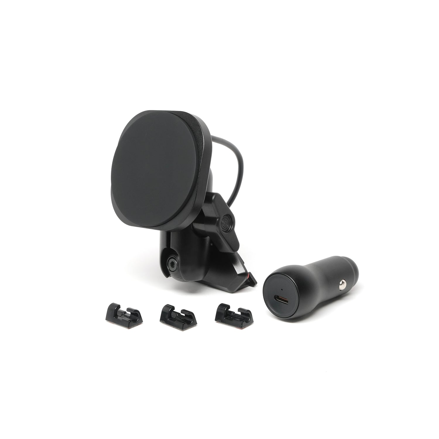 Offroam phone mount kit consisting of Toyota Tacoma 2005-2011 mounting base, an articulating arm and a Qi2 wireless charging holder with strong magnets for 4x4 driving. 20mm ball system, cable clips and 12V power adapter shown.
