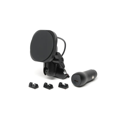 Offroam phone mount kit consisting of Toyota Tacoma 2005-2011 mounting base, an articulating arm and a Qi2 wireless charging holder with strong magnets for 4x4 driving. 20mm ball system, cable clips and 12V power adapter shown.