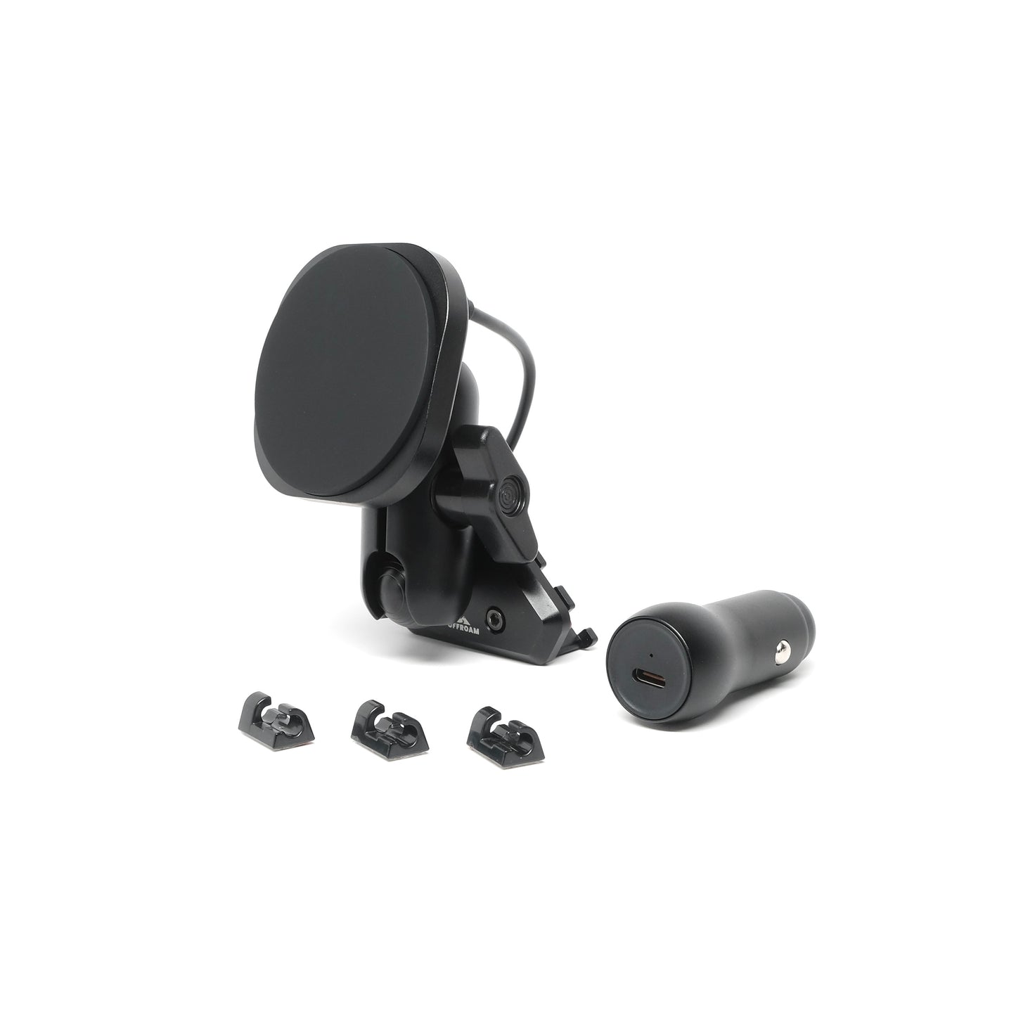 Offroam phone mount kit including mounting base for Toyota Tacoma 2012-2025 with 20mm ball interface, a coupling arm and a Qi2 MagSafe-compatible phone holder with strong magnets for 4x4 driving. Shown on white background.