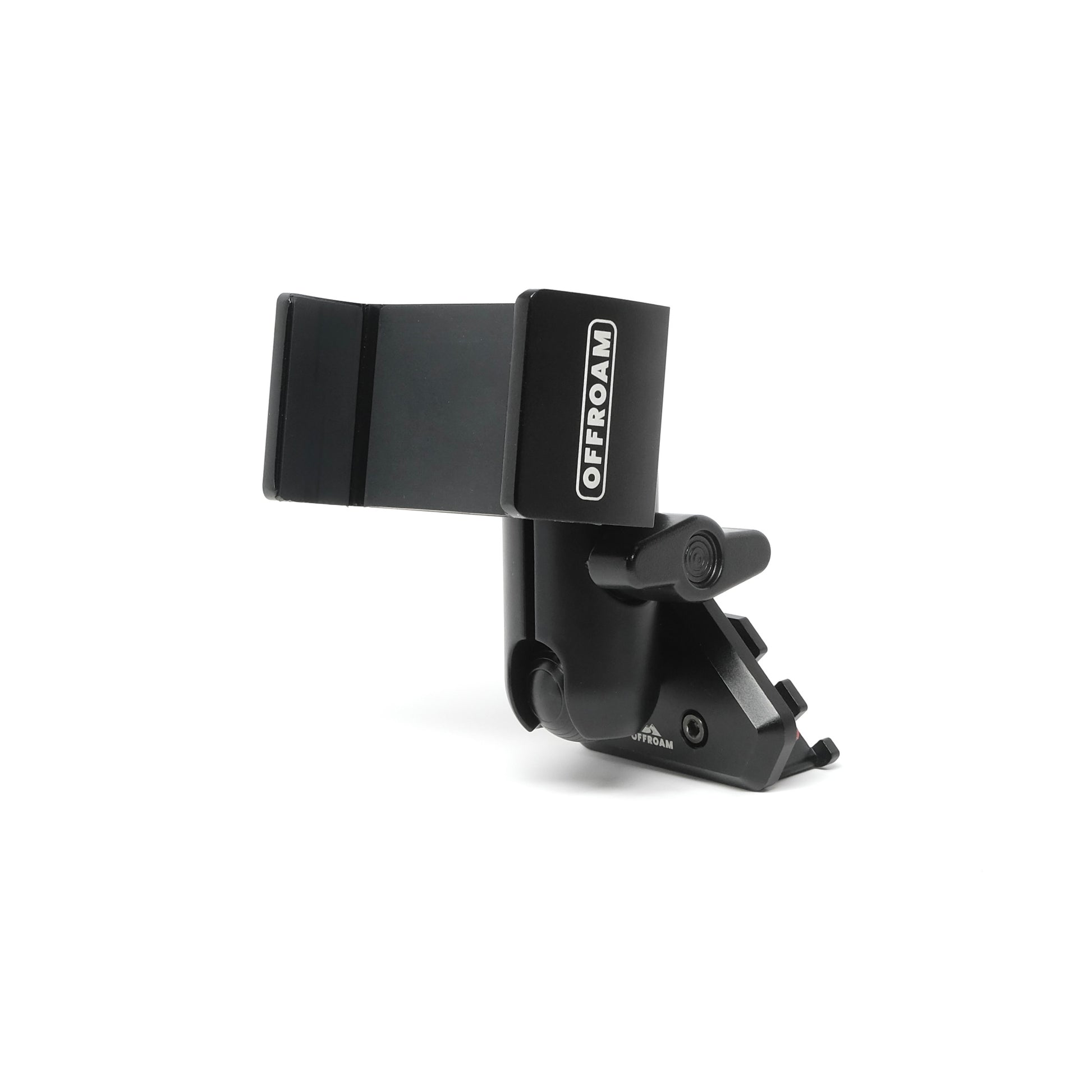 Offroam phone mount for Toyota Tacoma 2012-2015 featuring a mounting base with 20mm ball, a coupling arm and a universal spring loaded holder for 4x4 trails