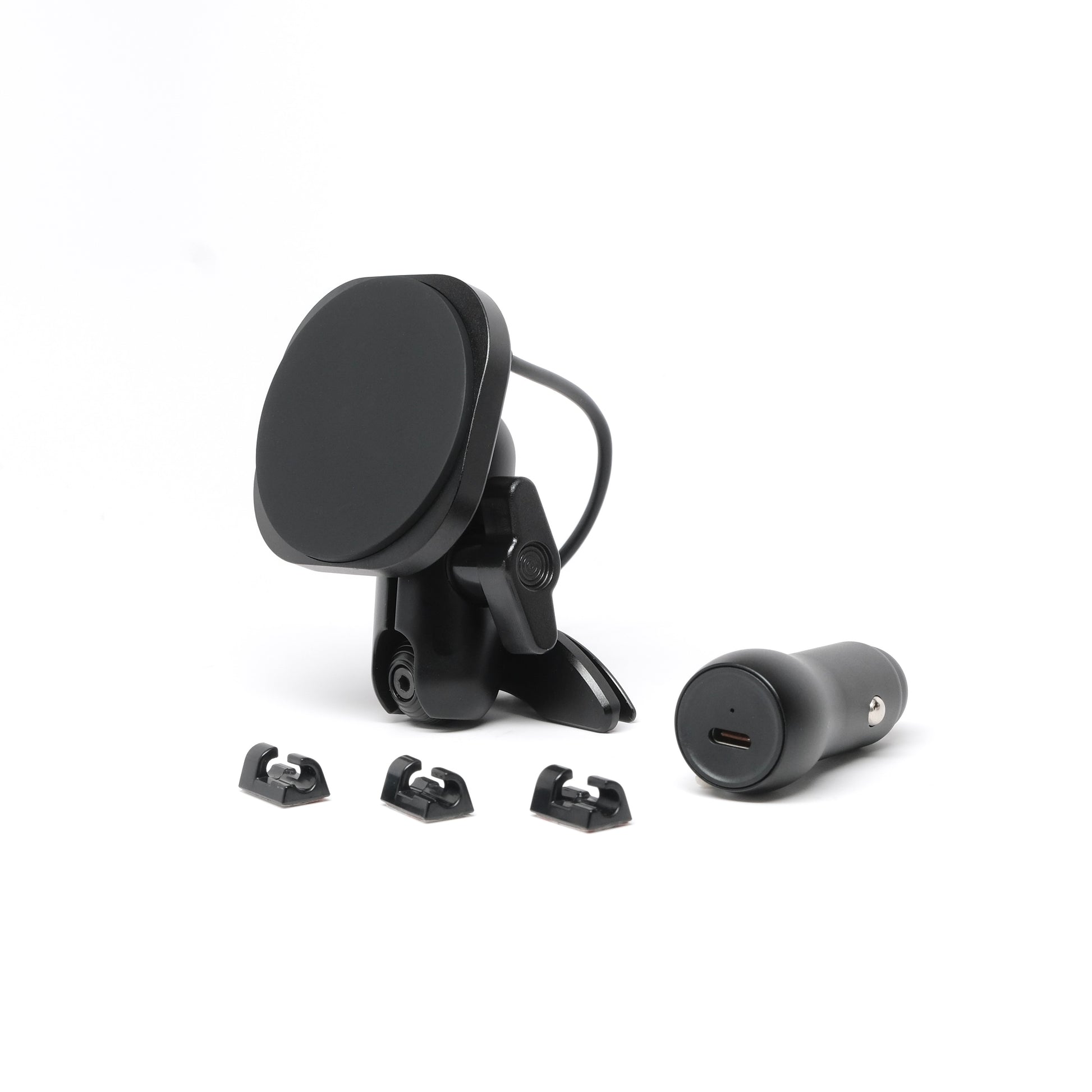 Offroam phone mount shown on white background designed to fit Toyota Tacoma 2016-2023 and Toyota Tundra 2014-2021 trucks. Attaches securely to air vent bezel not louvers for a sturdy feel and off-road performance. Qi2 charging MagSafe Compatible holder shown.