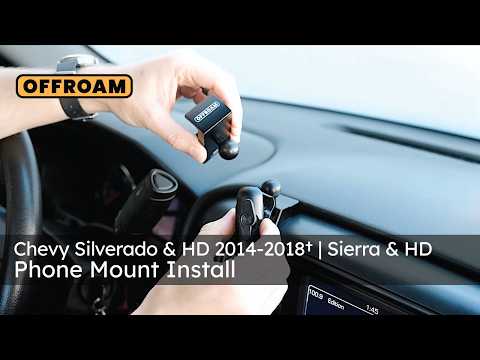 Video of Offroam Mounting Base installation for Chevrolet Silverado 1500 2014-2018 | Silverado HD 2500/3500 2015-2019 | Silverado HD 4500/5500/6500 2019-2026 | GMC Sierra 1500 2014-2018 | Sierra HD 2500/3500 2015-2019. This premium all metal phone mounting base installs easily without drilling or glue. Perfect placement without blocking screens, driver view, or air flow.
