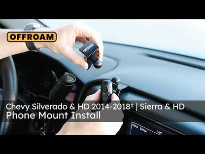 Video of Offroam Mounting Base installation for Chevrolet Silverado 1500 2014-2018 | Silverado HD 2500/3500 2015-2019 | Silverado HD 4500/5500/6500 2019-2026 | GMC Sierra 1500 2014-2018 | Sierra HD 2500/3500 2015-2019. This premium all metal phone mounting base installs easily without drilling or glue. Perfect placement without blocking screens, driver view, or air flow.