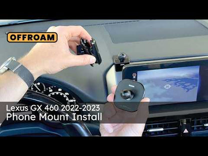 Video of Offroam Mounting Base installation for Lexus GX 460 2022-2023. This premium all metal phone mounting base installs easily without drilling or glue. Perfect placement without blocking screens, driver view, or air flow.