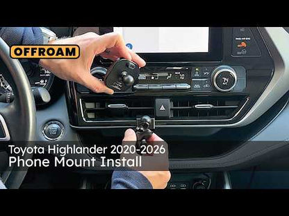 Video of Offroam Mounting Base installation for Toyota Highlander 2020-2026. This premium all metal phone mounting base installs easily without drilling or glue. Perfect placement without blocking screens, driver view, or air flow.