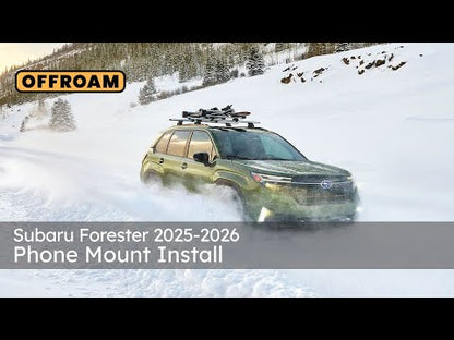 Video of Offroam Mounting Base installation for Subaru Forester 2025-2026. This premium all metal phone mounting base installs easily without drilling or glue. Perfect placement without blocking screens, driver view, or air flow.