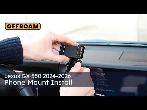 Video of Offroam Universal and MagSafe-compatible Phone Mount installation for Lexus GX 550 2024-2026. This premium phone mount installs easily without drilling or glue. Spring loaded Universal holder or MagSafe-compatible holder with high force magnets hold phone on any trail, road, or track. Perfect placement without blocking screens, driver view, or air flow. Fully adjustable positioning.
