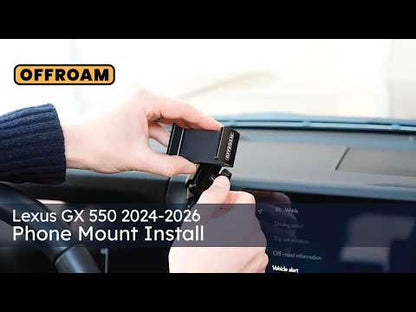 Video of Offroam Universal and MagSafe-compatible Phone Mount installation for Lexus GX 550 2024-2026. This premium phone mount installs easily without drilling or glue. Spring loaded Universal holder or MagSafe-compatible holder with high force magnets hold phone on any trail, road, or track. Perfect placement without blocking screens, driver view, or air flow. Fully adjustable positioning.