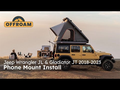 Video of Offroam Universal and MagSafe-compatible Phone Mount installation for Jeep Wrangler 2018-2023 | Gladiator 2019-2023. This premium phone mount installs easily without drilling or glue. Spring loaded Universal holder or MagSafe-compatible holder with high force magnets hold phone on any trail, road, or track. Perfect placement without blocking screens, driver view, or air flow. Fully adjustable positioning.