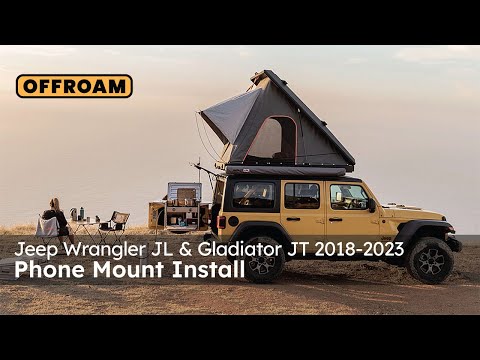 Video of Offroam Phone Mount installation for Jeep Wrangler 2018-2023 | Gladiator 2019-2023. This premium phone mount installs easily without drilling or glue. High force magnets hold phone on any trail, road, or track. Perfect placement without blocking screens, driver view, or air flow. Fully adjustable positioning.