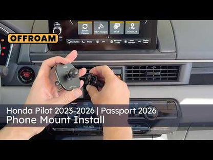Video of Offroam Universal and MagSafe-compatible Phone Mount installation for Honda Pilot 2023-2026 | Passport 2026. This premium phone mount installs easily without drilling or glue. Spring loaded Universal holder or MagSafe-compatible holder with high force magnets hold phone on any trail, road, or track. Perfect placement without blocking screens, driver view, or air flow. Fully adjustable positioning.